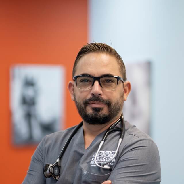 Dr. Nicholas Caceres, veterinarian and owner, at the veterinary clinic in Sarasota