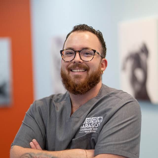Frankie, veterinary technician, at the veterinary clinic in Sarasota